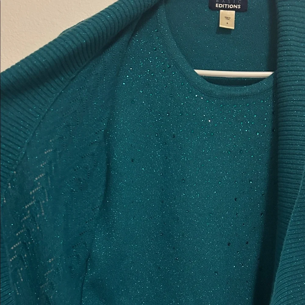 Shimmering Rhinestone Teal Sweater Cardigan Sweater - Picture 6 of 7